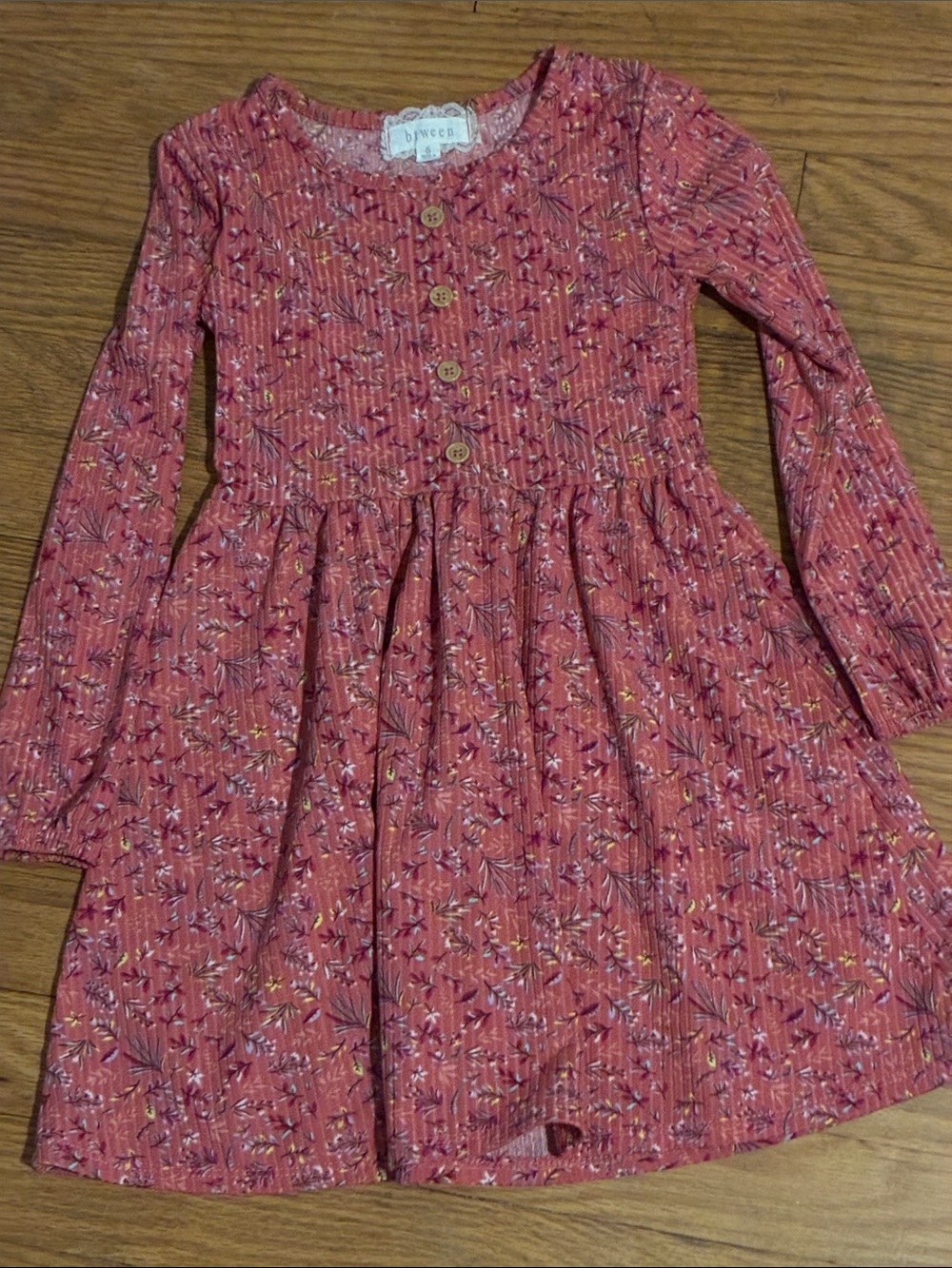 btween Rust Floral Button-Front Long Sleeve Dress
